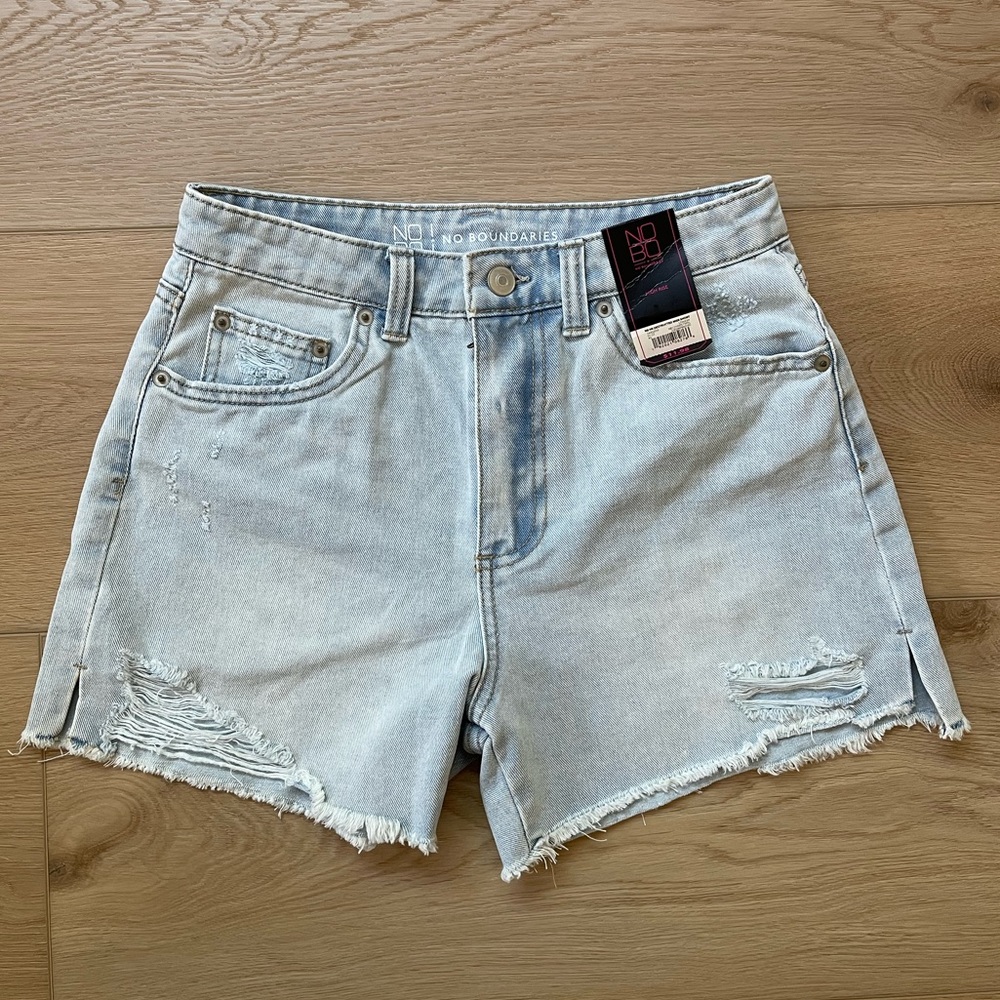 High Rise Light Denim Distressed Shorts